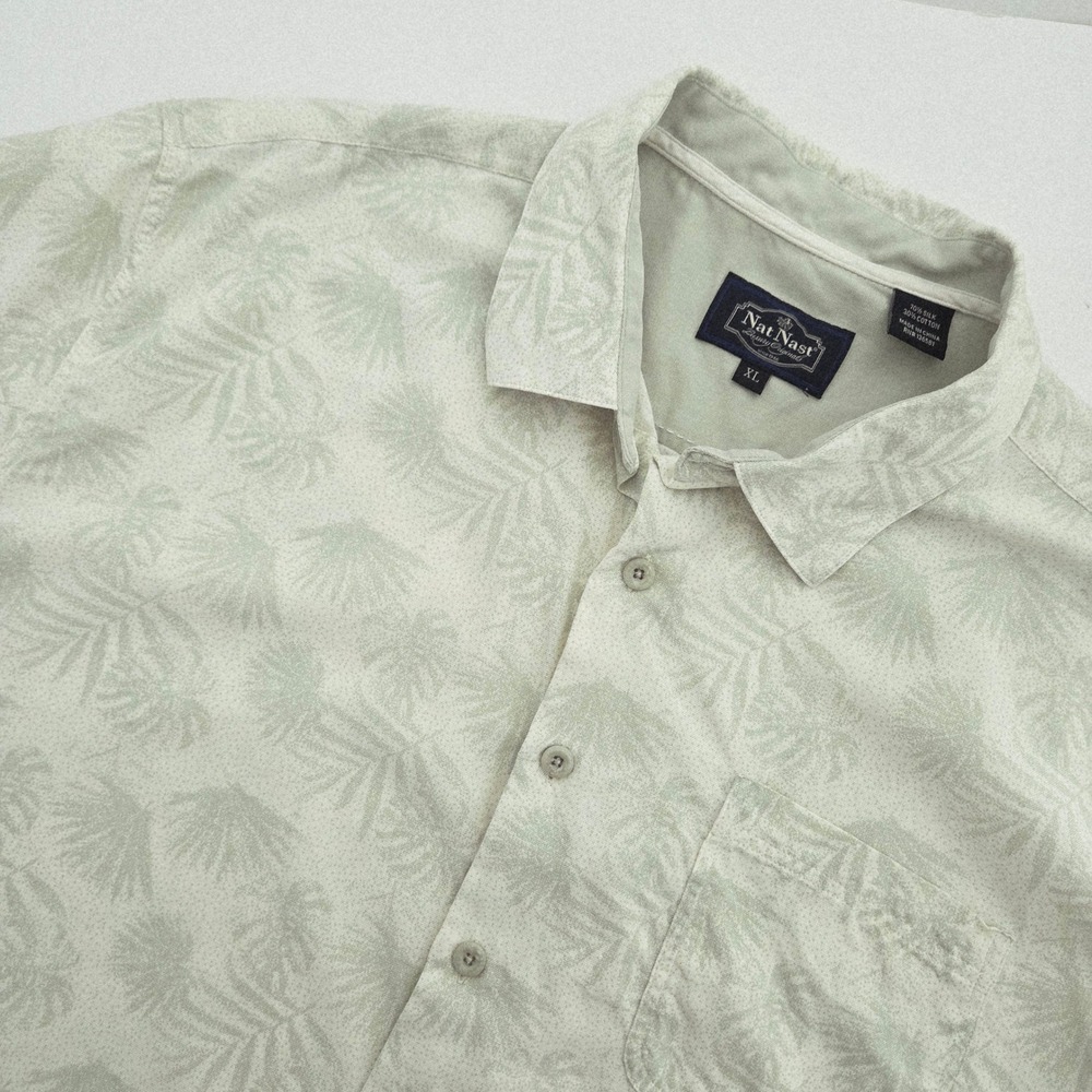 Nat Nast Mens‎ XL Silk Cotton Palm Leaf Print Short Sleeve Button Up Shirt